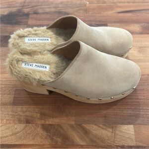 Steve Madden Tan Suede Cozy‎ Fur-Lined Heeled Clogs